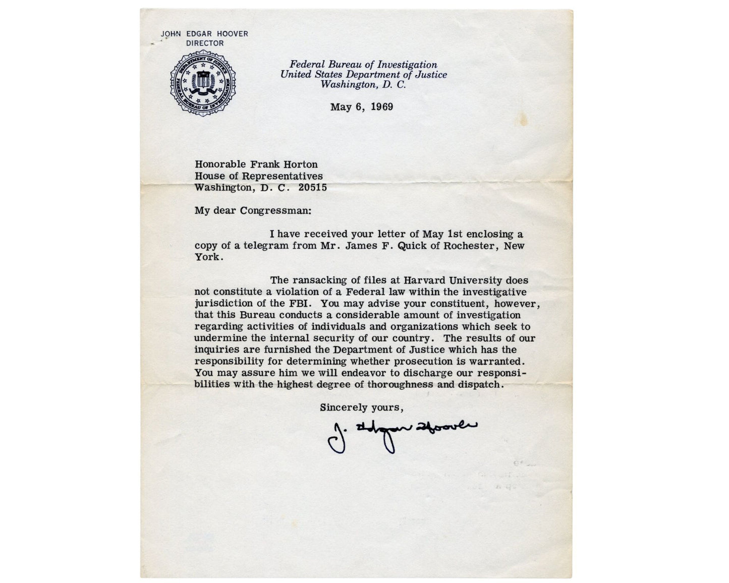 FBI Dir. J. Edgar Hoover Signed Letter on Harvard Vietnam Protest PSA
