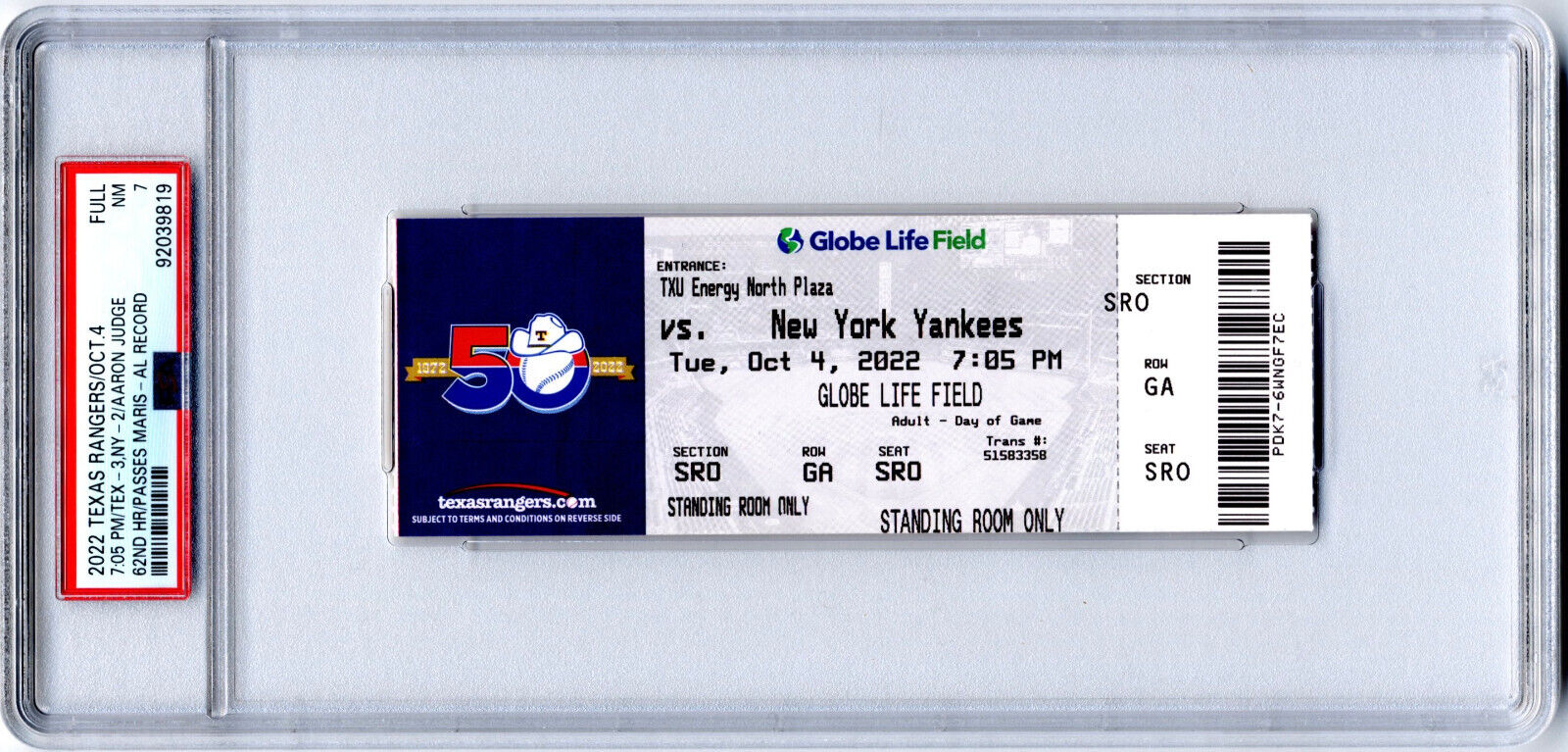 2022 Aaron Judge Yankees FULL Ticket 62ND HR Passes Maris PSA NM 7