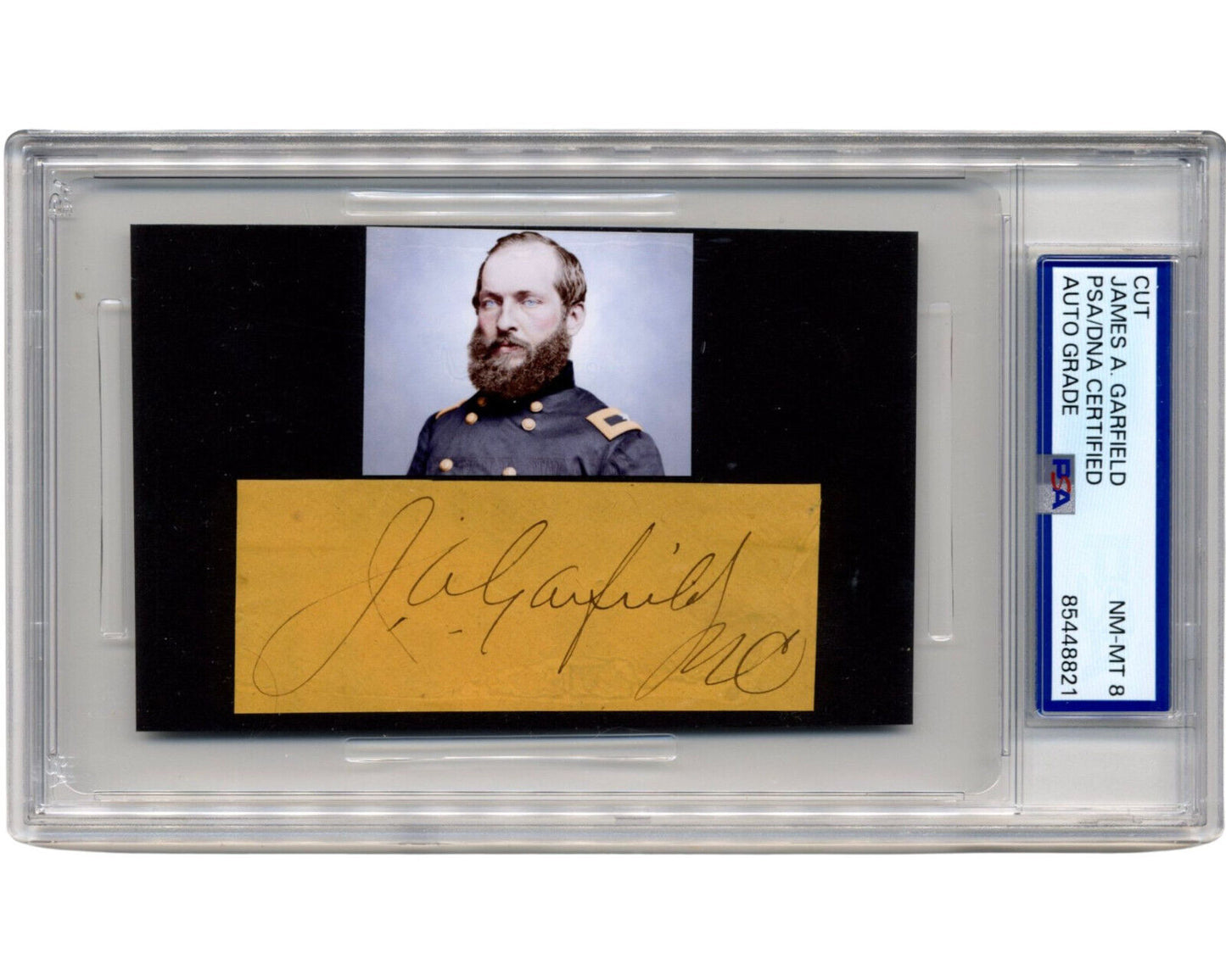 President JAMES A. GARFIELD Signed Cut Display w/ Civil War Era Image! PSA 8