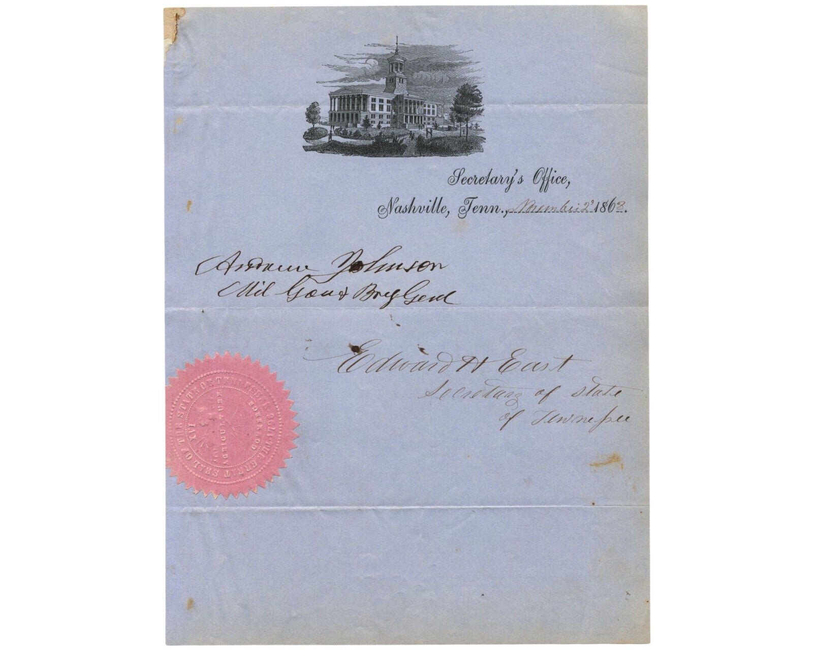 President Andrew Johnson Signed & Inscribed Tennessee Doc. - BAS Authentic Auto