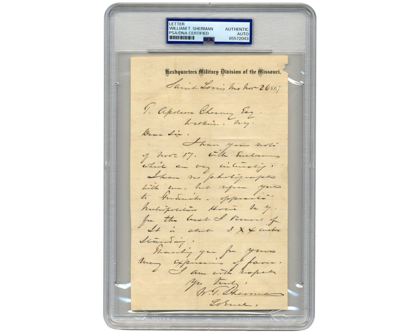 General W.T. SHERMAN Signed Letter on Fredericks St. Cabinet Card & NY Hotel PSA