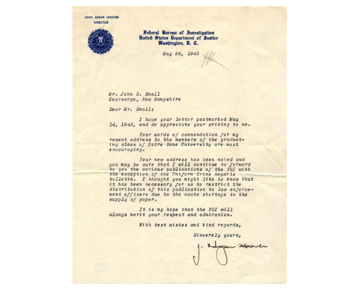 FBI Dir. J. Edgar Hoover Signed Letter Notre Dame Speech & WWII Shortages PSA