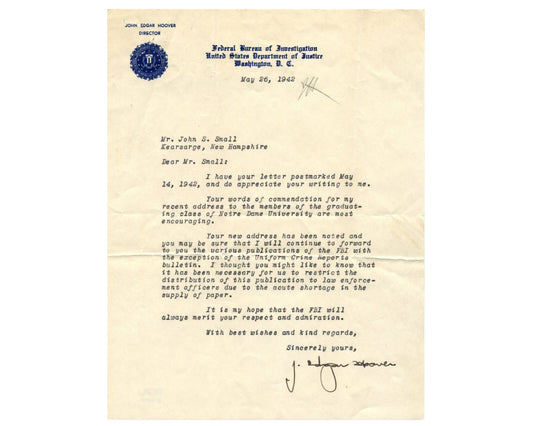 FBI Dir. J. Edgar Hoover Signed Letter Notre Dame Speech & WWII Shortages PSA