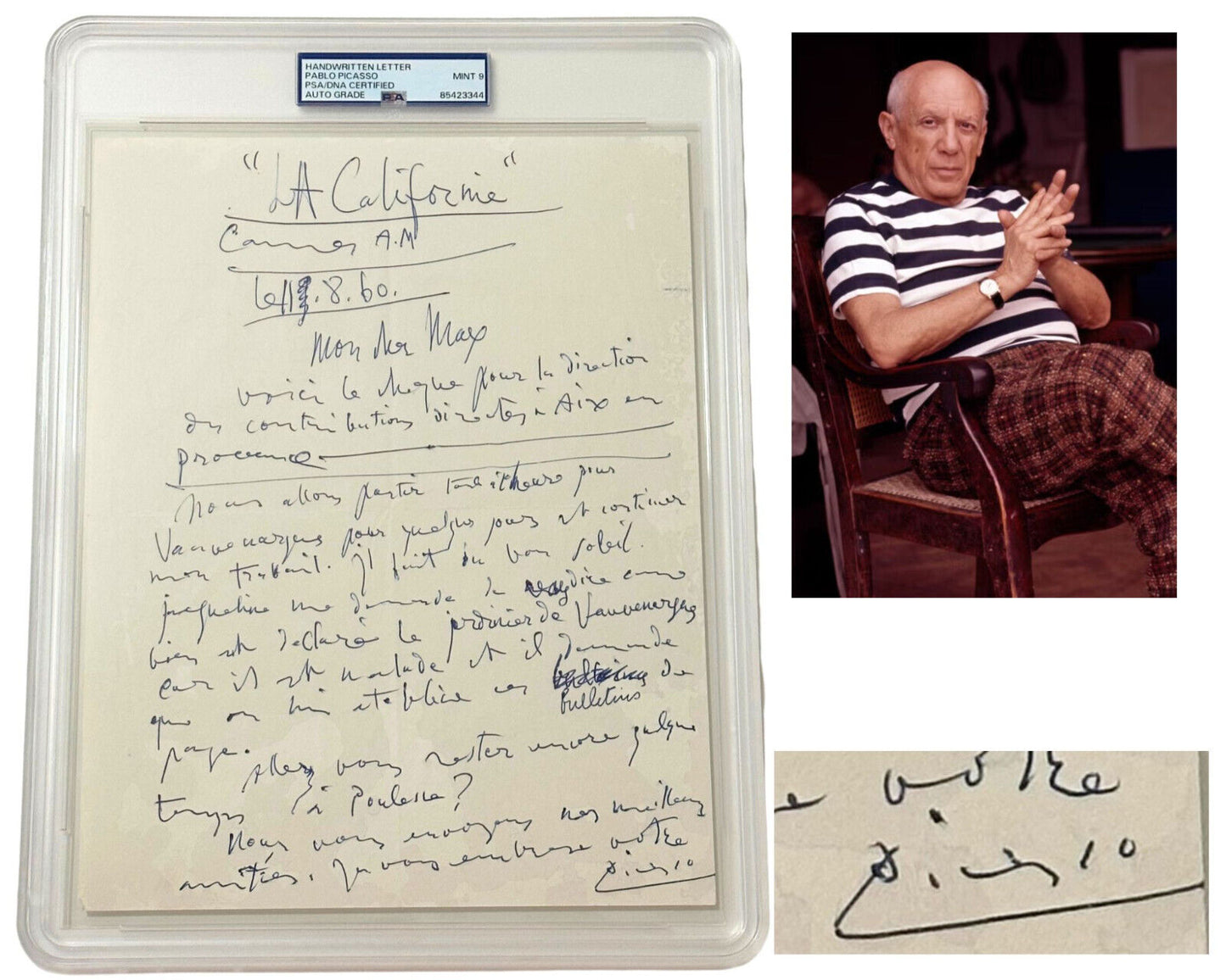 Rare Pablo Picasso Signed Handwritten Letter PSA Mint 9 Auto - Bold Signature