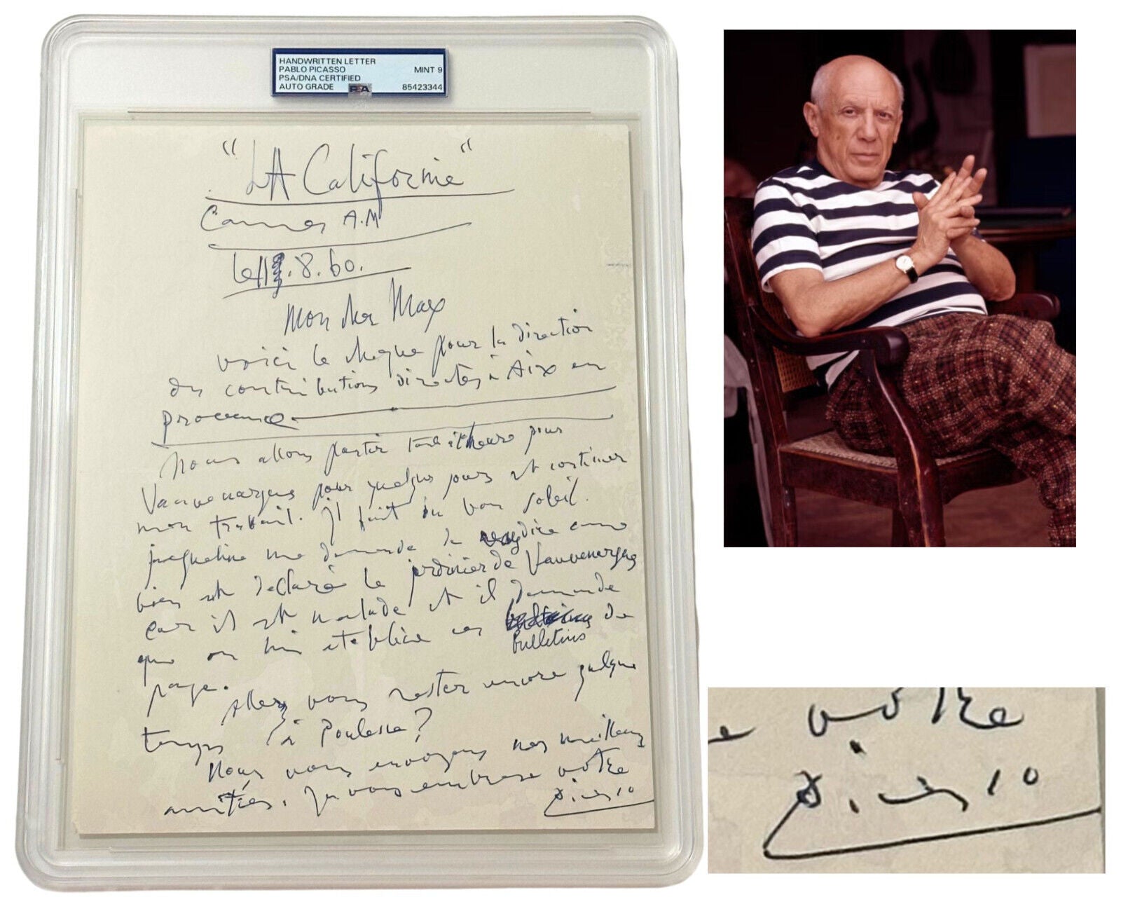 Rare Pablo Picasso Signed Handwritten Letter PSA Mint 9 Auto - Bold Signature