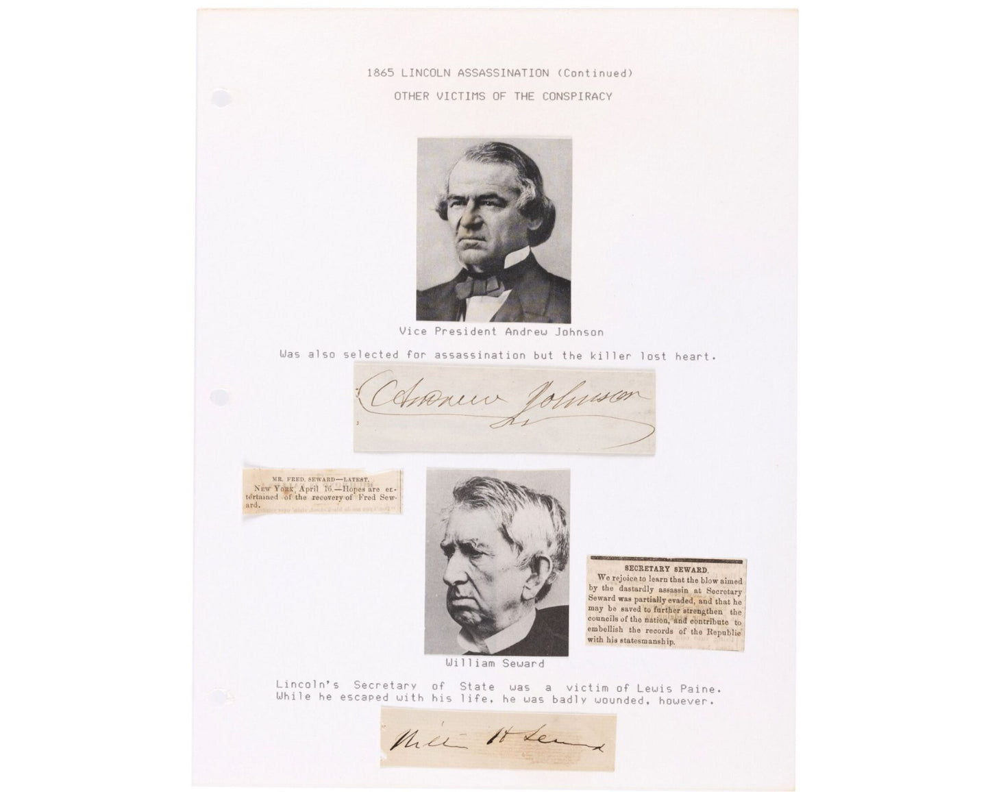 Andrew Johnson & William Seward Signed Lincoln Assassination Display JSA
