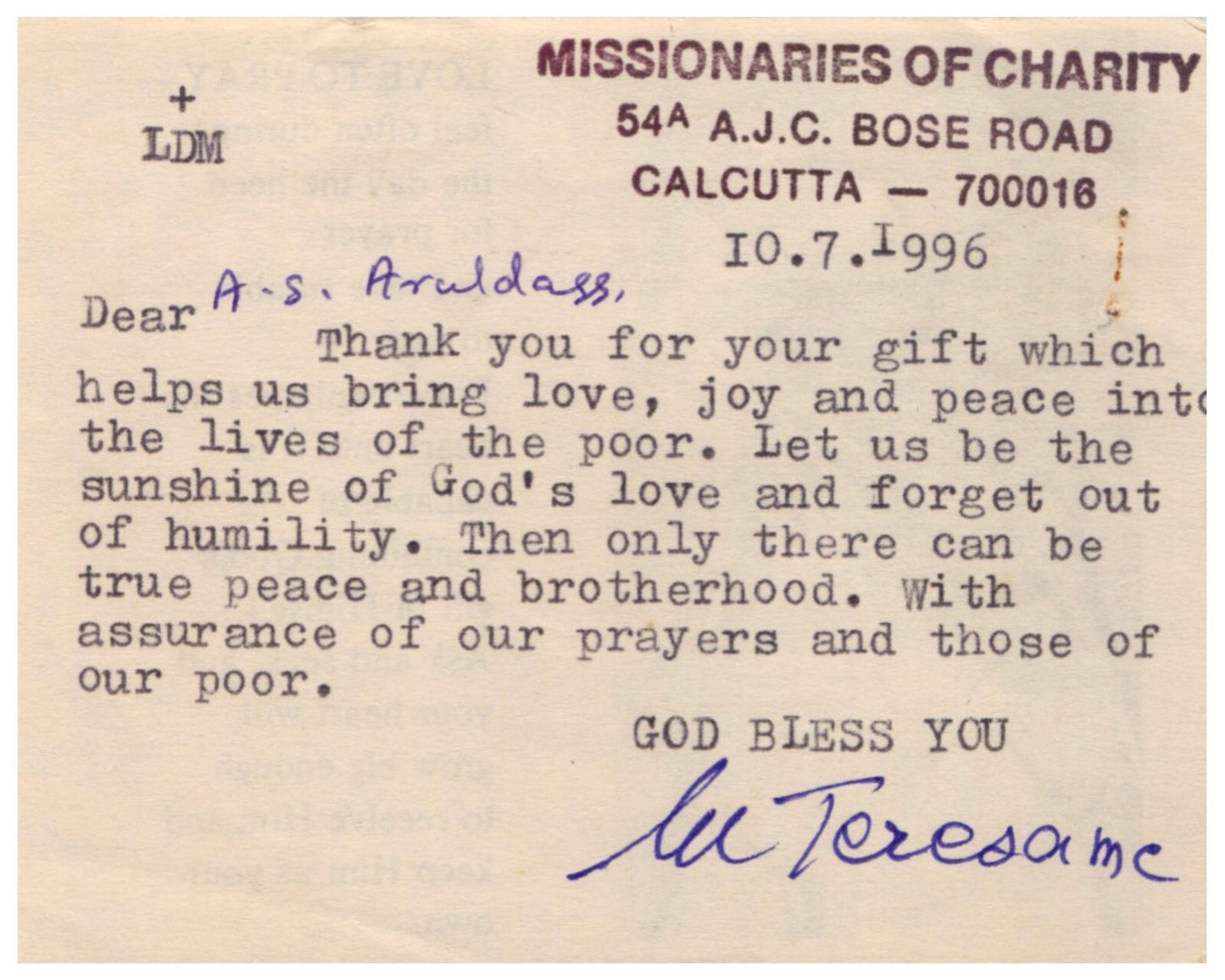 Saint Mother Teresa "Missionaries of Charity" Signed Letter PSA