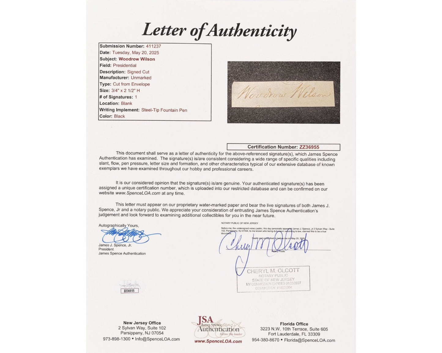 President WOODROW WILSON Signed Cut Autograph JSA - Very Nice Example!