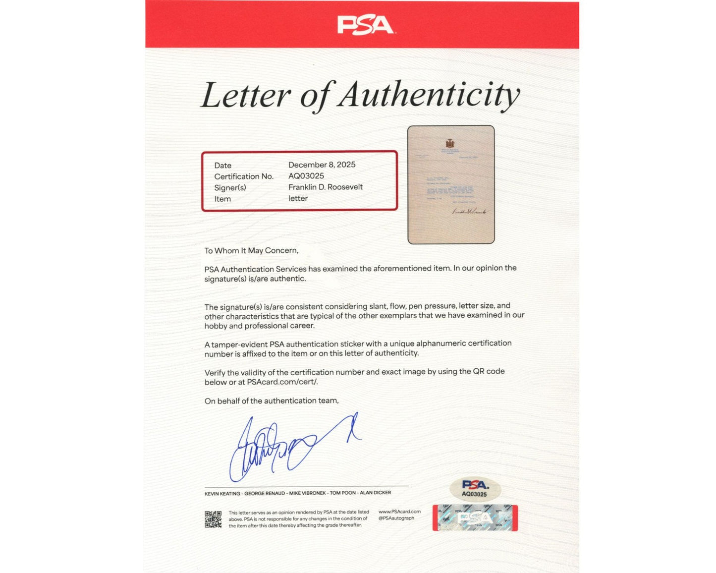 President Franklin D. Roosevelt Signed Letter as Governor of NY PSA Auto