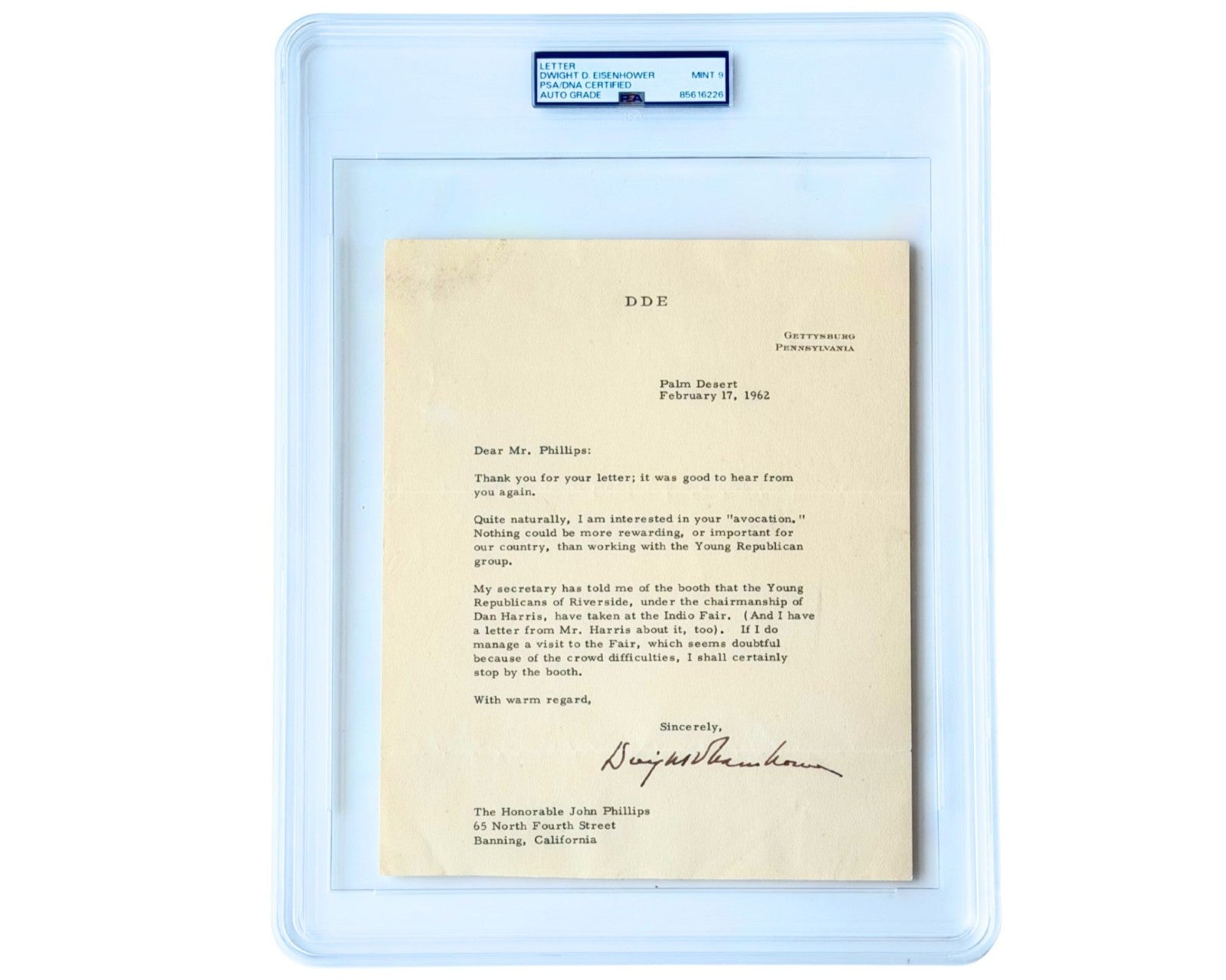 President Dwight Eisenhower Signed Letter PSA Mint 9 on Working w/ Young Reps.