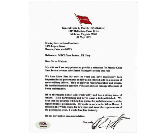 Secretary of State Colin Powell Signed Letter on Rec. for Former W.H. Valet PSA