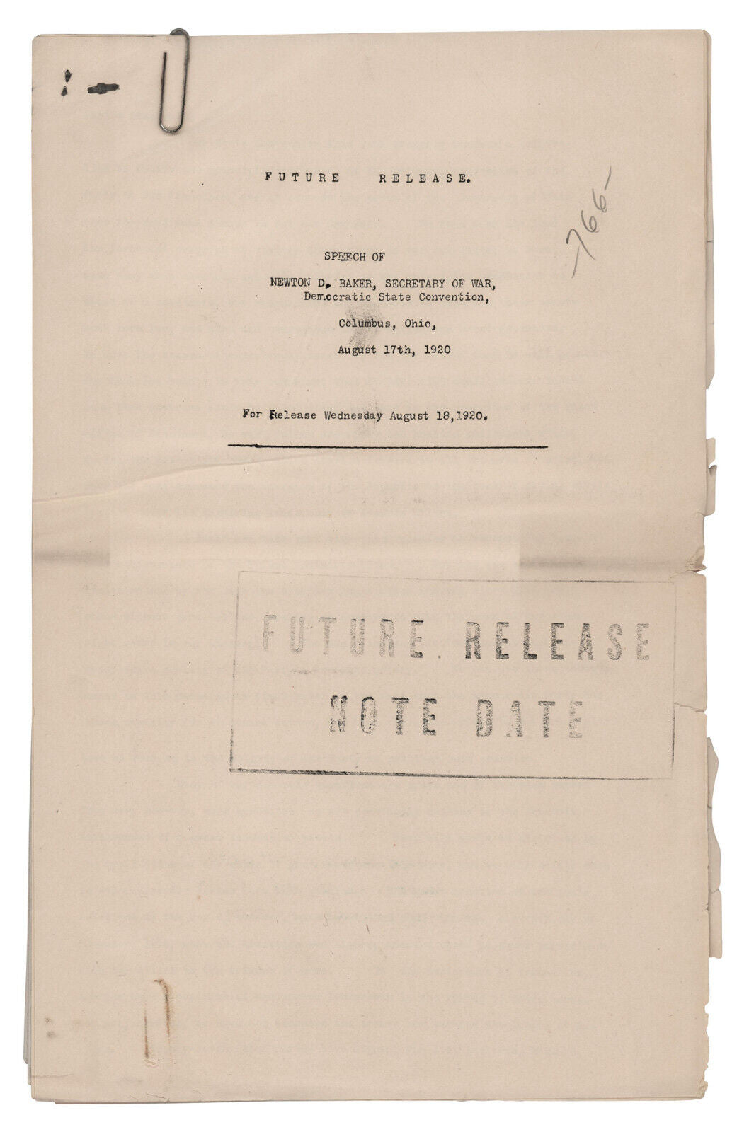 Woodrow Wilson's Copy of Sec. of War's "League of Nations" Speech at Dem. Conven