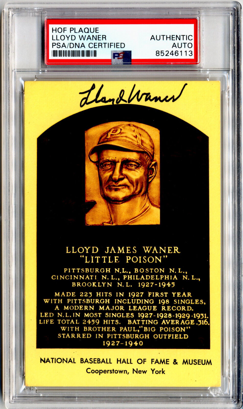 Lloyd Waner Signed HOF Post Card PSA Auto - Pirates Legend!