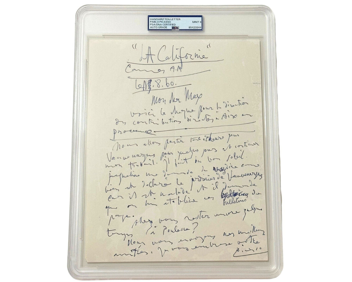 Rare Pablo Picasso Signed Handwritten Letter PSA Mint 9 Auto - Bold Signature