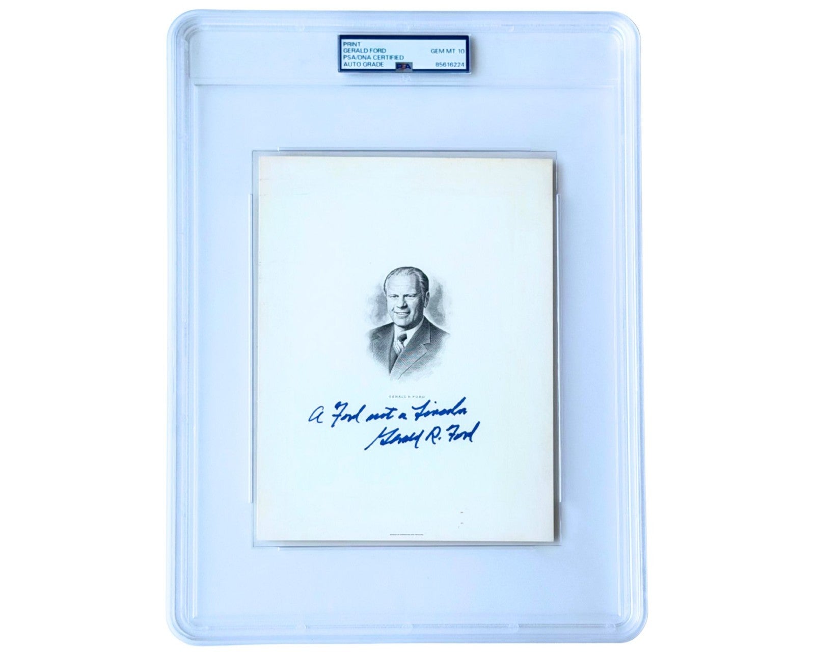 President Gerald Ford Signed Engraving "A Ford not a Lincoln" PSA Gem Mint 10