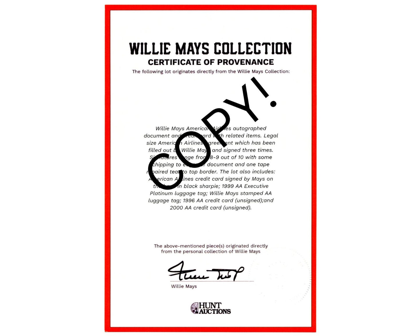 Willie Mays Personally Owned AA Credit Card Ex. Mays Estate / Hunt Auctions