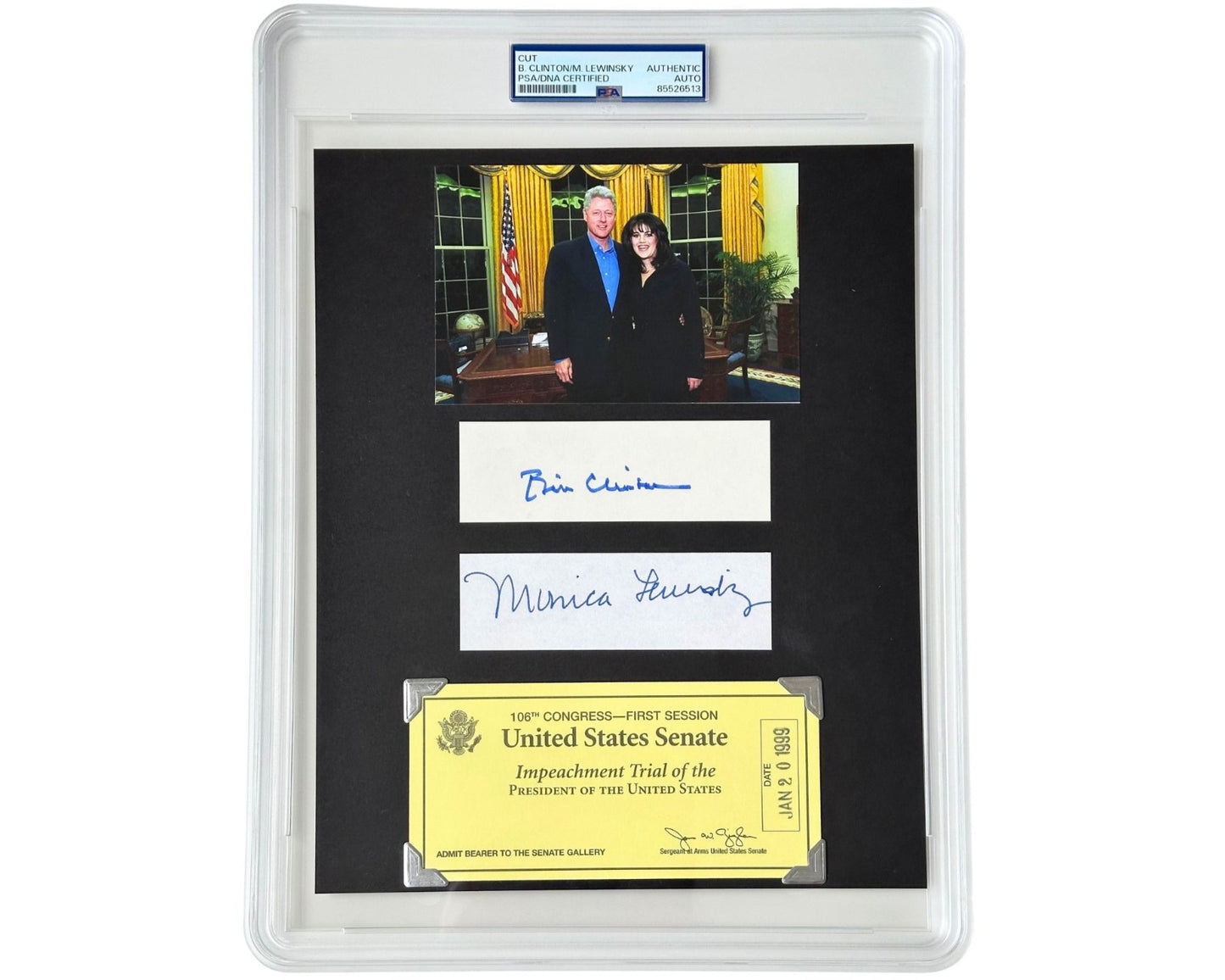 Pres. Bill Clinton & Monica Lewinsky Signed Display w/ Impeachment Ticket! PSA