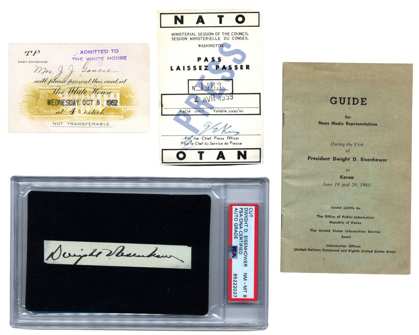 President Dwight Eisenhower PSA 8 Signed Cut & Ephemera Group w/ WH & Nato Pass