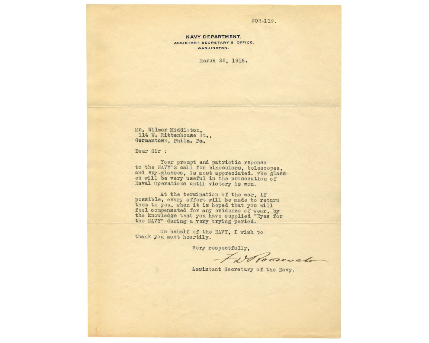 President Franklin Roosevelt Signed TLS Eyes for Navy "Until Victory is Won" PSA
