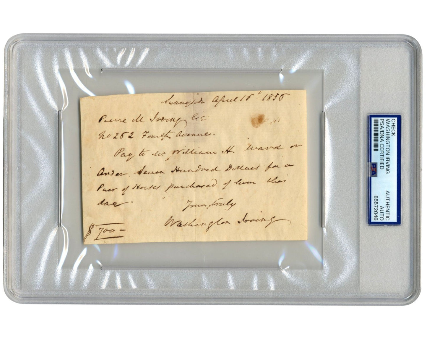 Sleepy Hollow's Washington Irving Signed Check Buying Horses! Headless? PSA