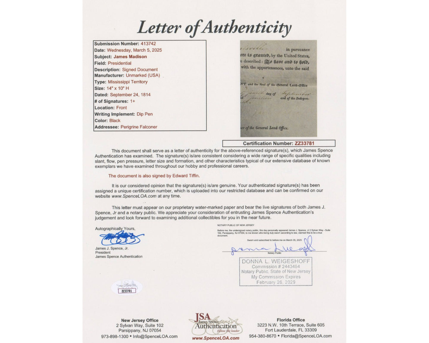 President JAMES MADISON Signed Mississippi / Alabama Land Grant JSA Auto