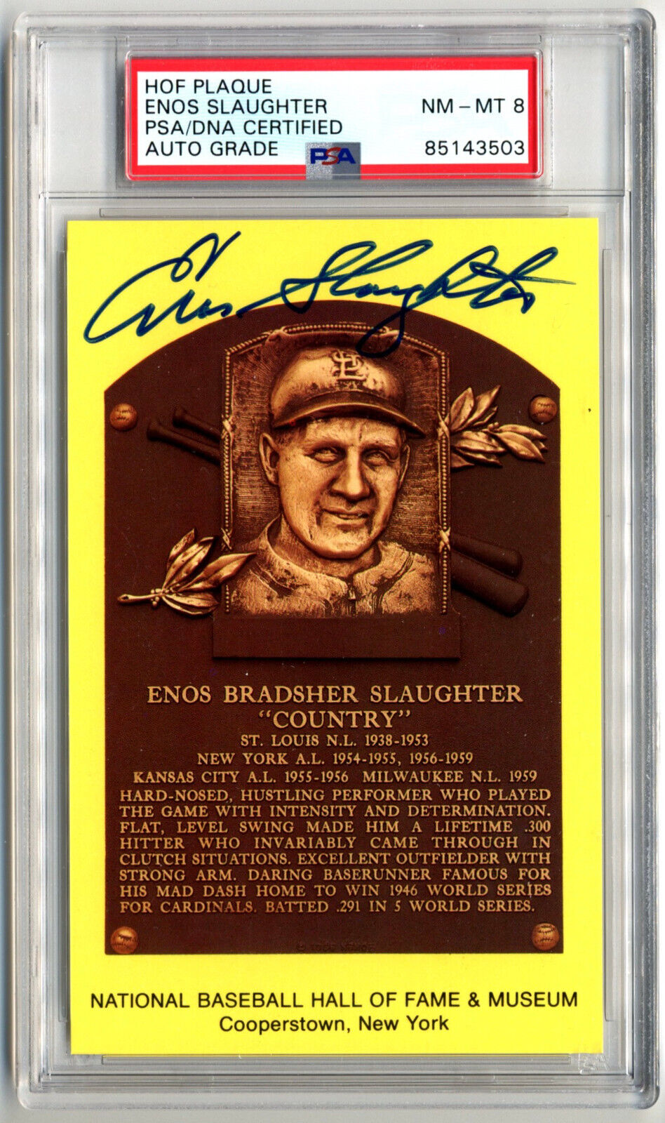Enos Slaughter Signed HOF Post Card PSA 8 Auto, Cardinals