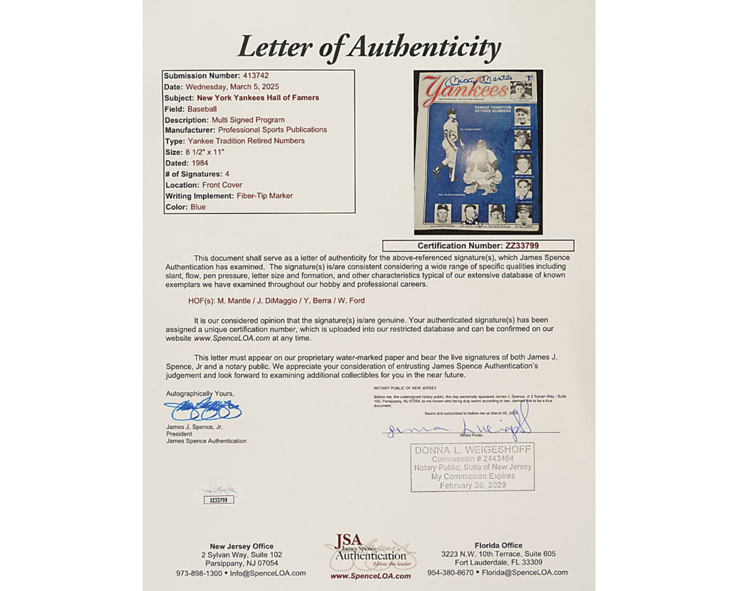 Mickey Mantle, Yogi Berra, Joe DiMaggio & Whitey Ford Signed Yankees Program JSA