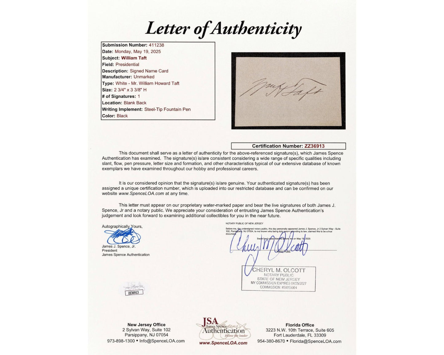 President & Supreme Court Justice William H. Taft Signed Cut - Perfect! JSA Auto