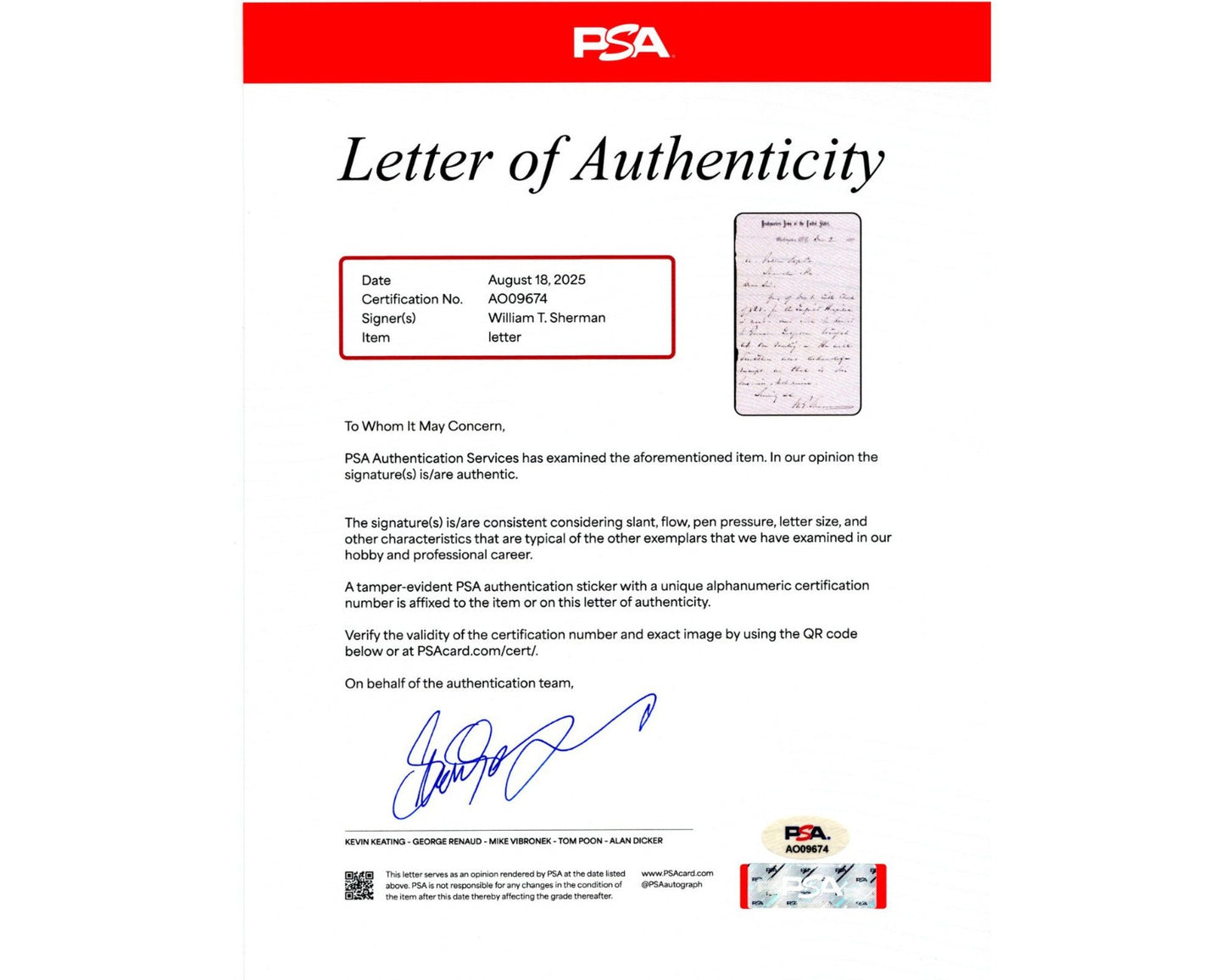 General W.T. SHERMAN Signed Letter Honors Pres. Garfield Post Assassination PSA