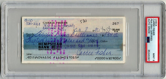 Star Wars' Carrie Fisher Boldly Signed Check. PSA Mint 9. W/ Address & Phone no.