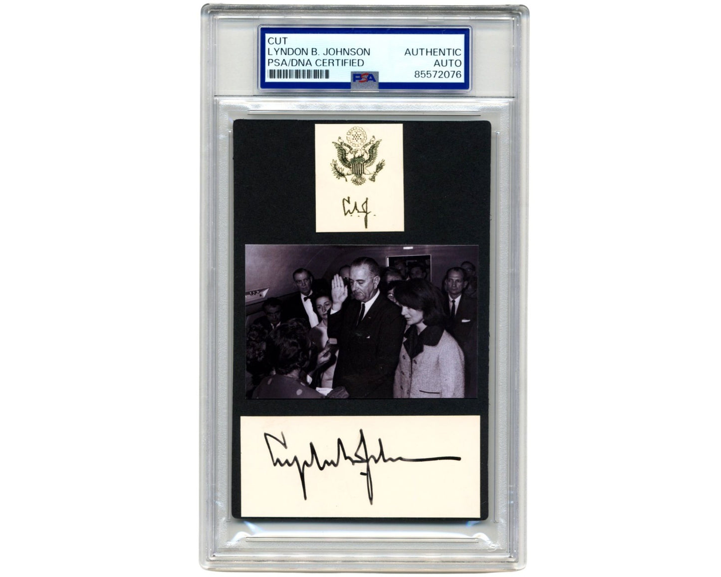 President Lyndon Johnson Signed Cut Display, JFK, Jackie Assassination Image PSA