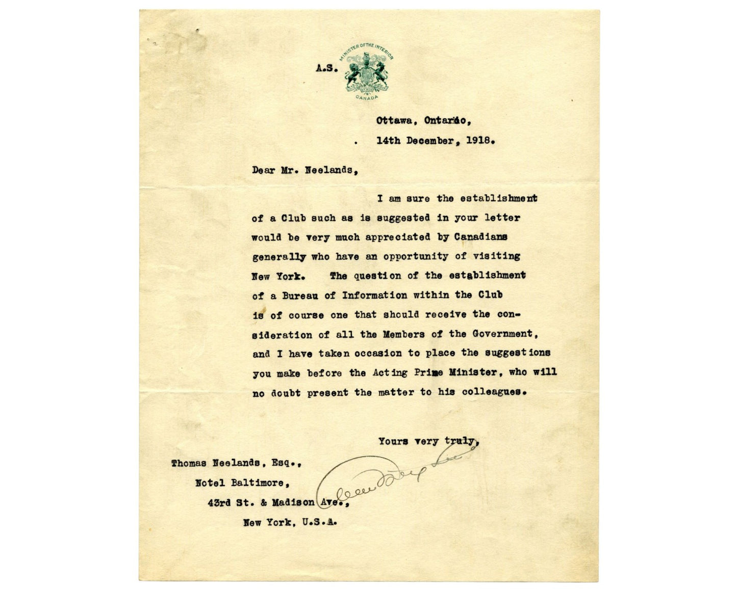 Canada Prime Minister ARTHUR MEIGHEN on NY Canadian Club Proposal - VERY RARE!