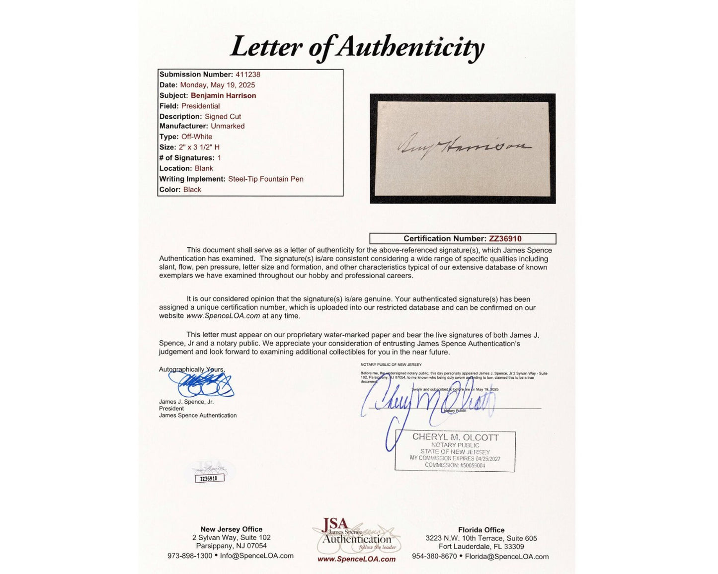 President Benjamin Harrison Signed Cut JSA Auto - A Perfect Example!