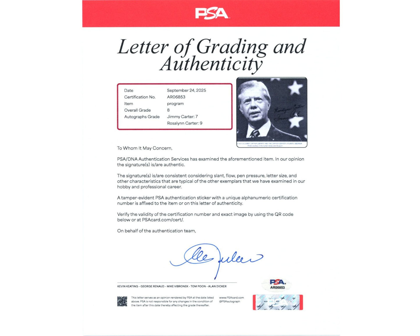 President Jimmy Carter & Rosalyn Signed Hofstra University Program PSA 8 Auto