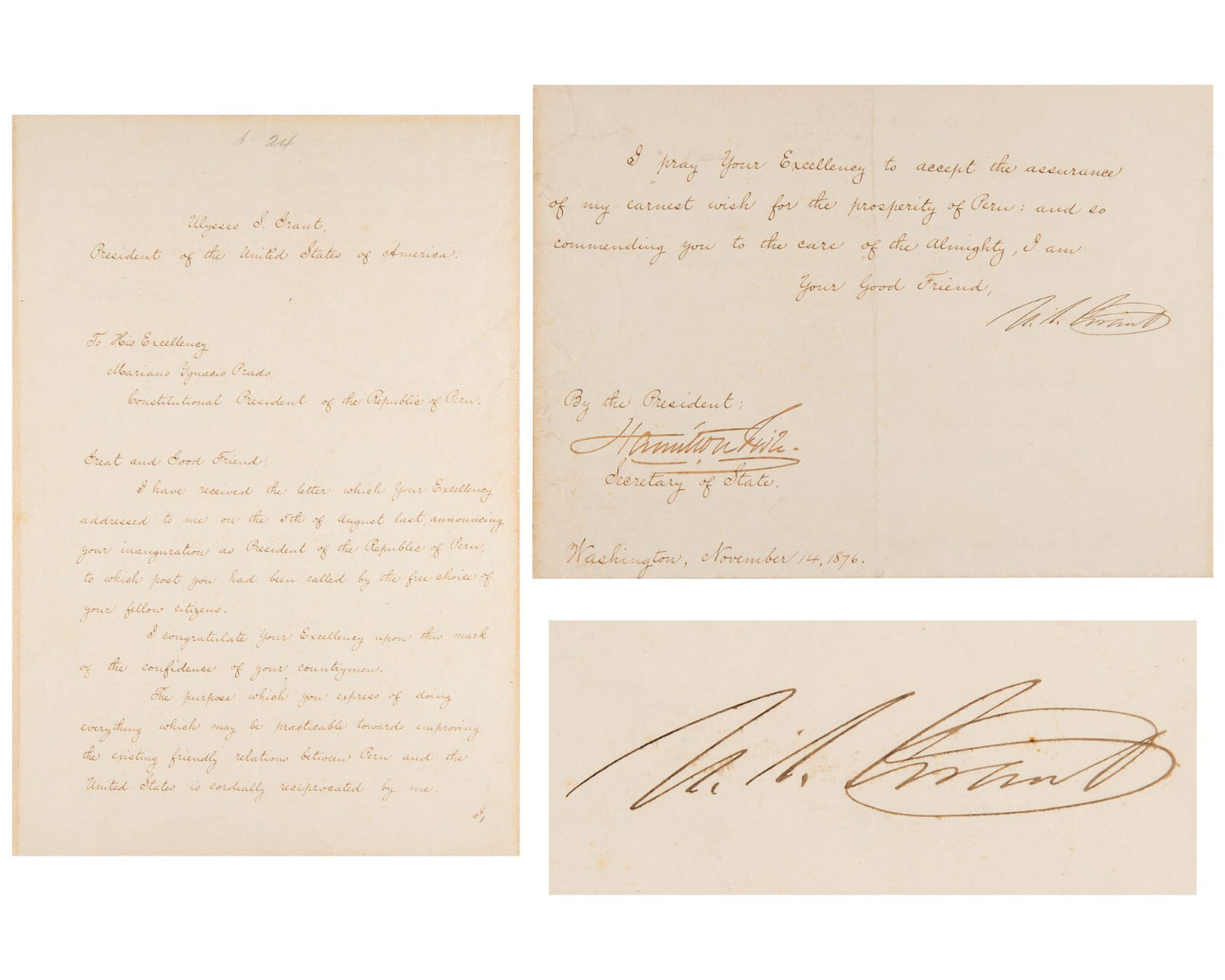 President ULYSSES S. GRANT Rare Diplomatic Signed Letter To Peru Pres. PSA