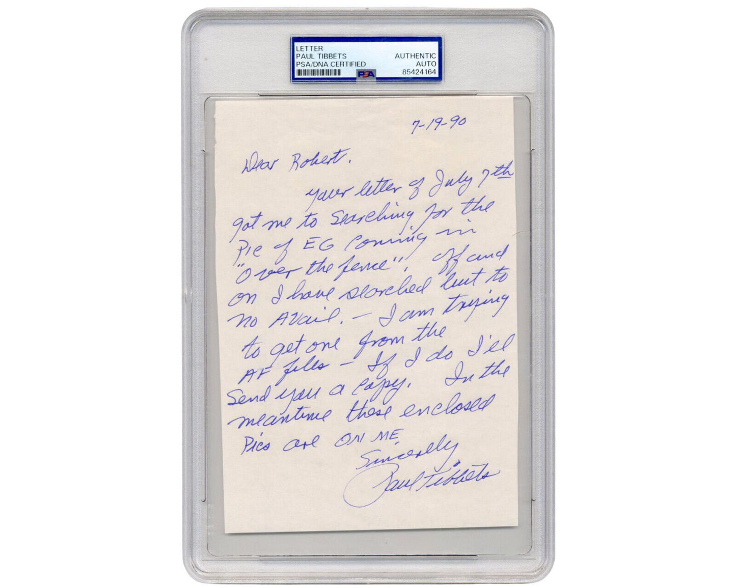 Rare PAUL TIBBETS Handwritten Letter on Enola Gay Dropped Bomb on Hiroshima PSA
