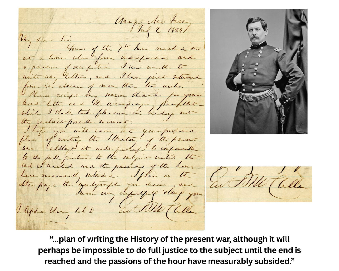 GEORGE McCLELLAN Signed Letter on War "until end reached..passions subside" PSA