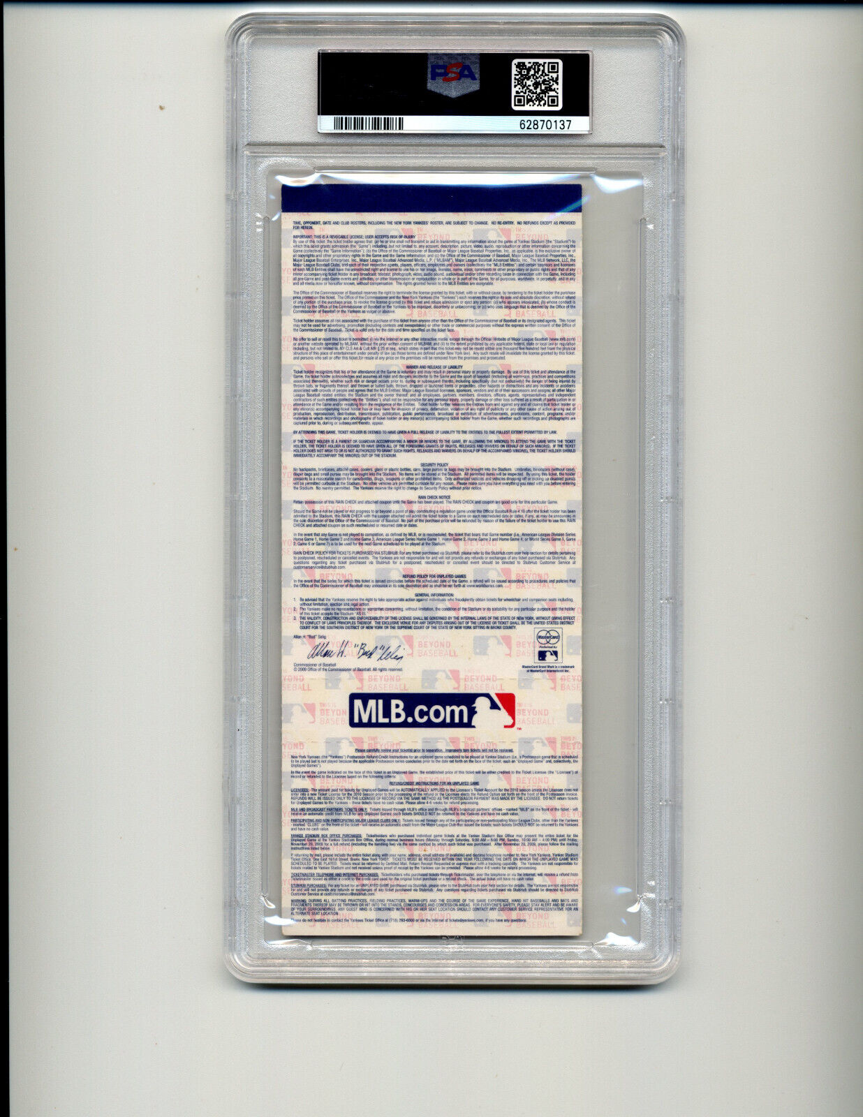 2009 New York Yankees World Series Championship Game 6 Full Ticket PSA