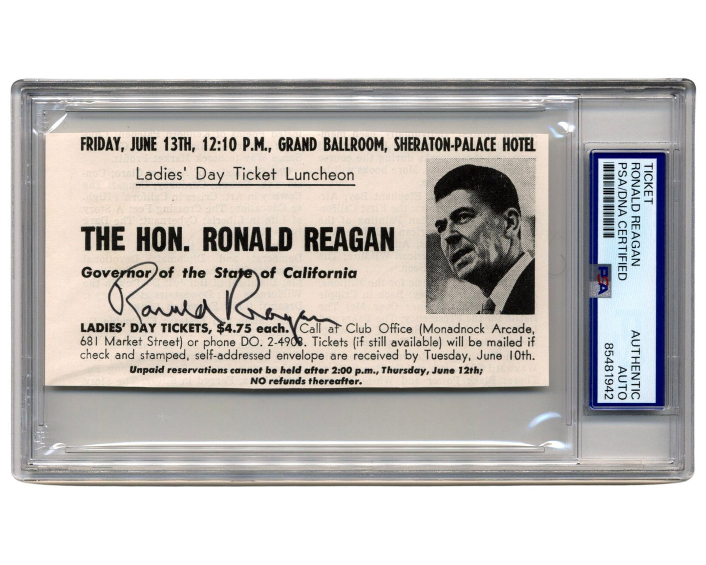 President Ronald Reagan Signed Ladies Day Luncheon Ticket PSA Auto