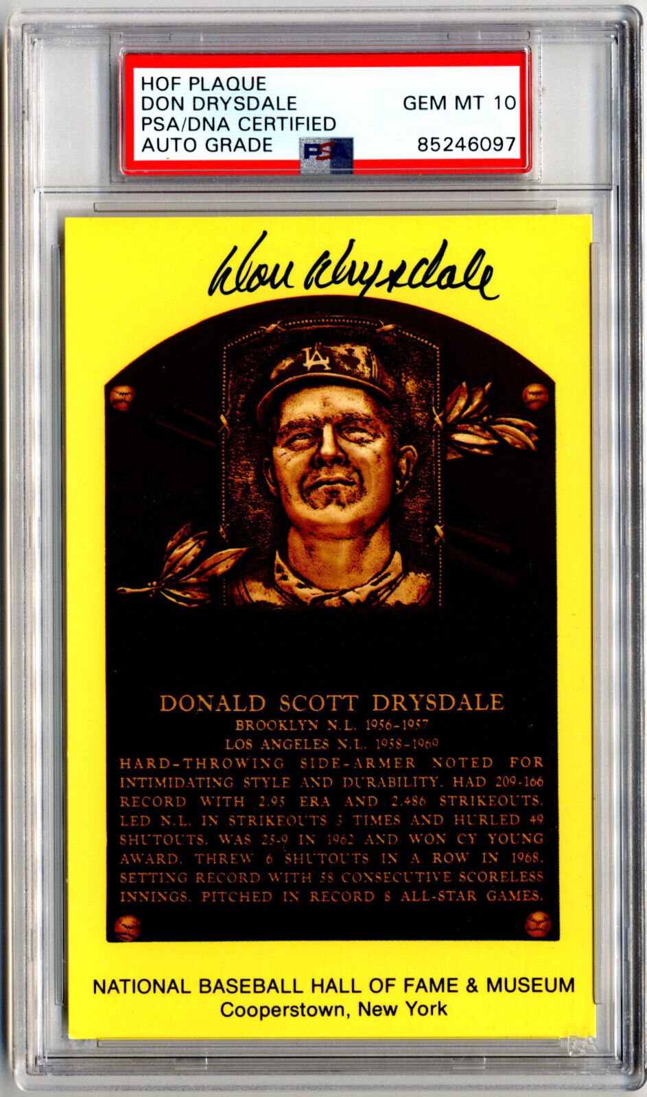 Don Drysdale Signed HOF Post Card PSA Gem Mint 10 Auto - Dodgers Legend!