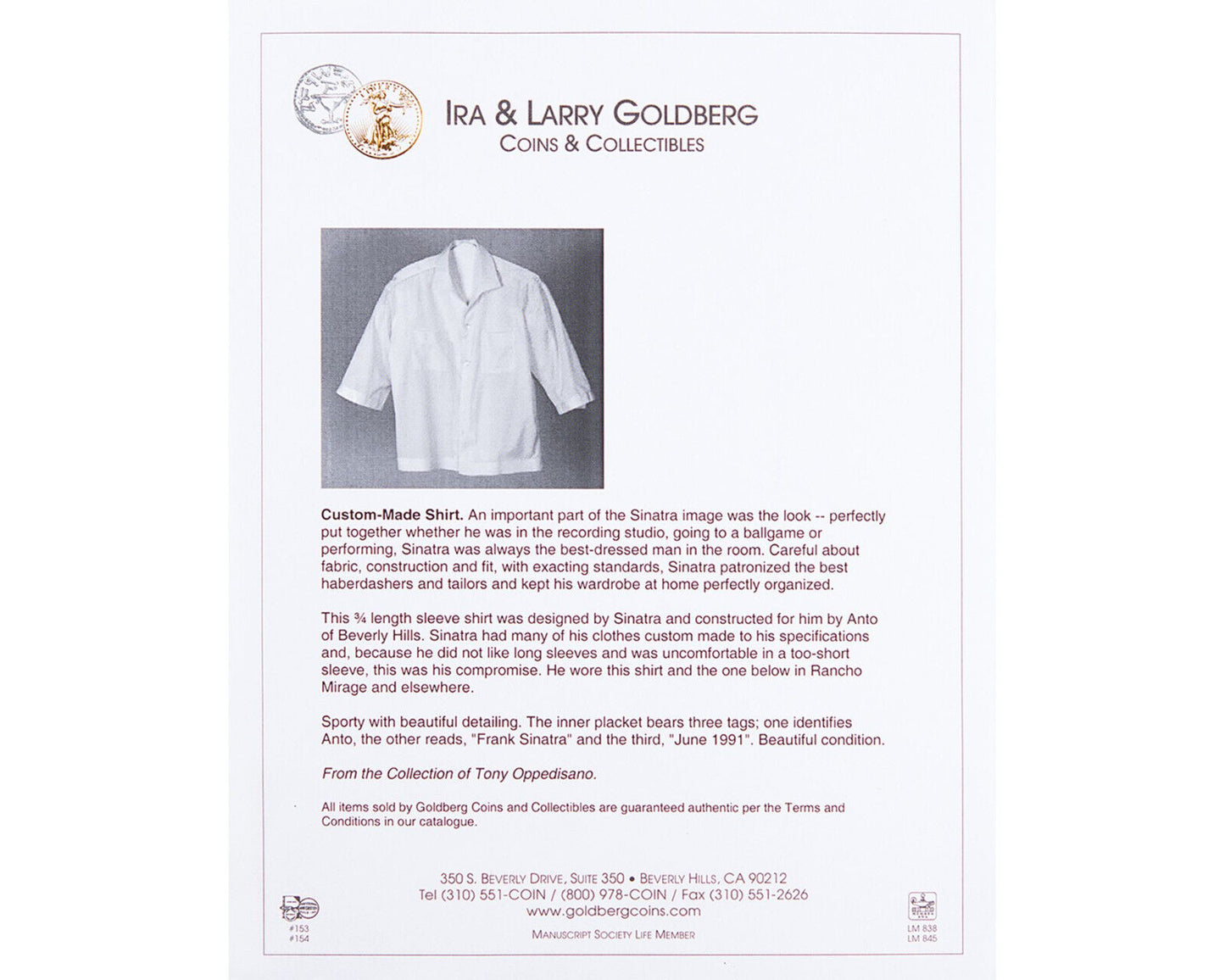 FRANK SINATRA Personally Owned Dress Shirt Ex. RR, Goldberg & Sinatra Manager