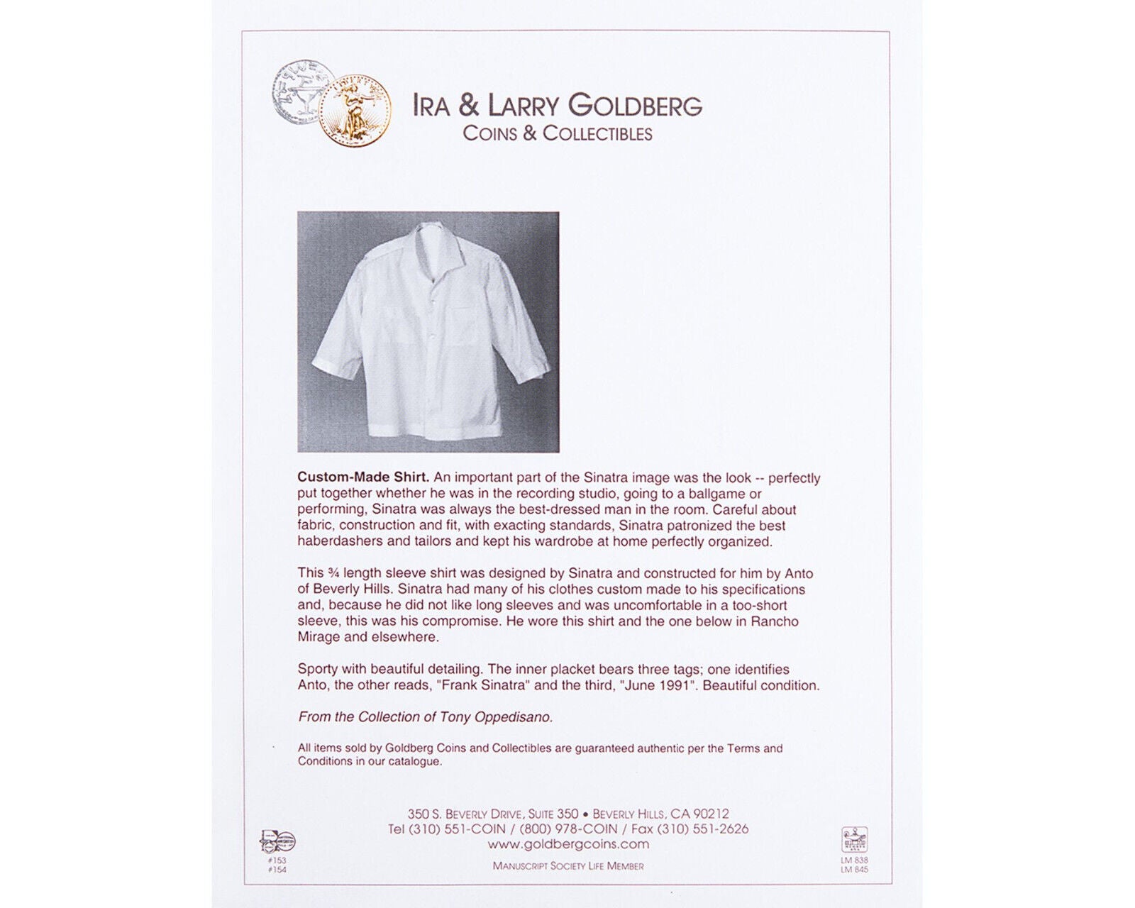 FRANK SINATRA Personally Owned Dress Shirt Ex. RR, Goldberg & Sinatra Manager