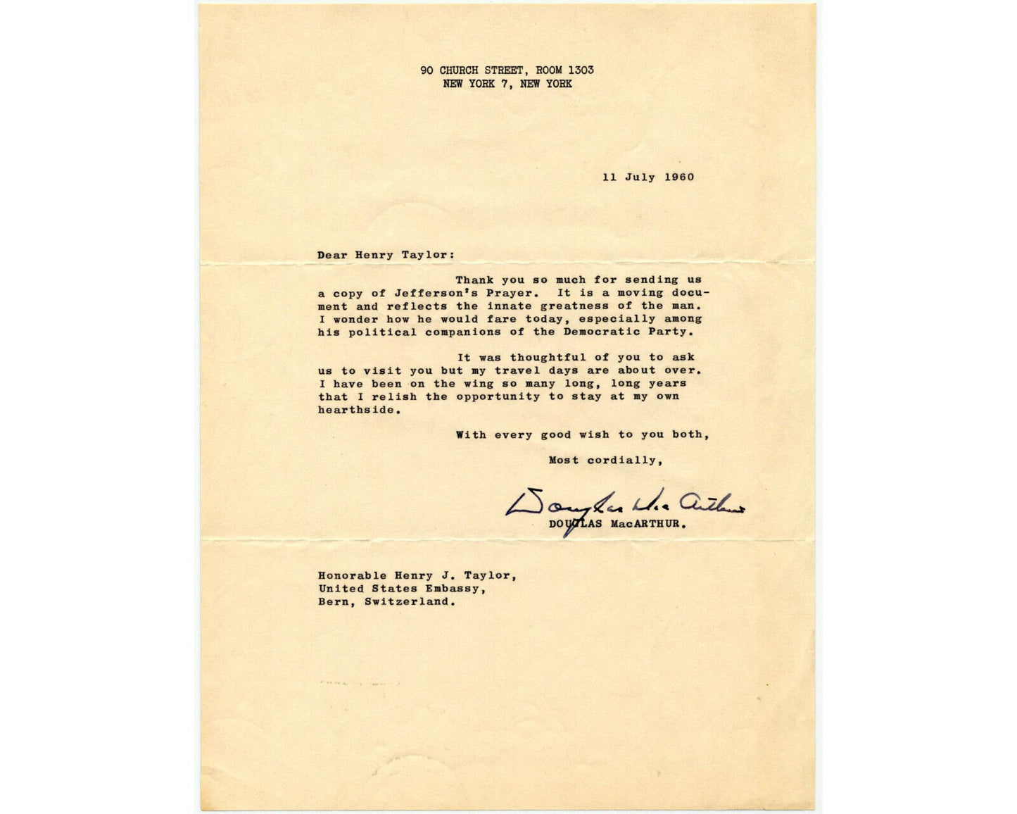 General Douglas MacArthur Signed Letter On T. Jefferson's "Innate Greatness" JSA