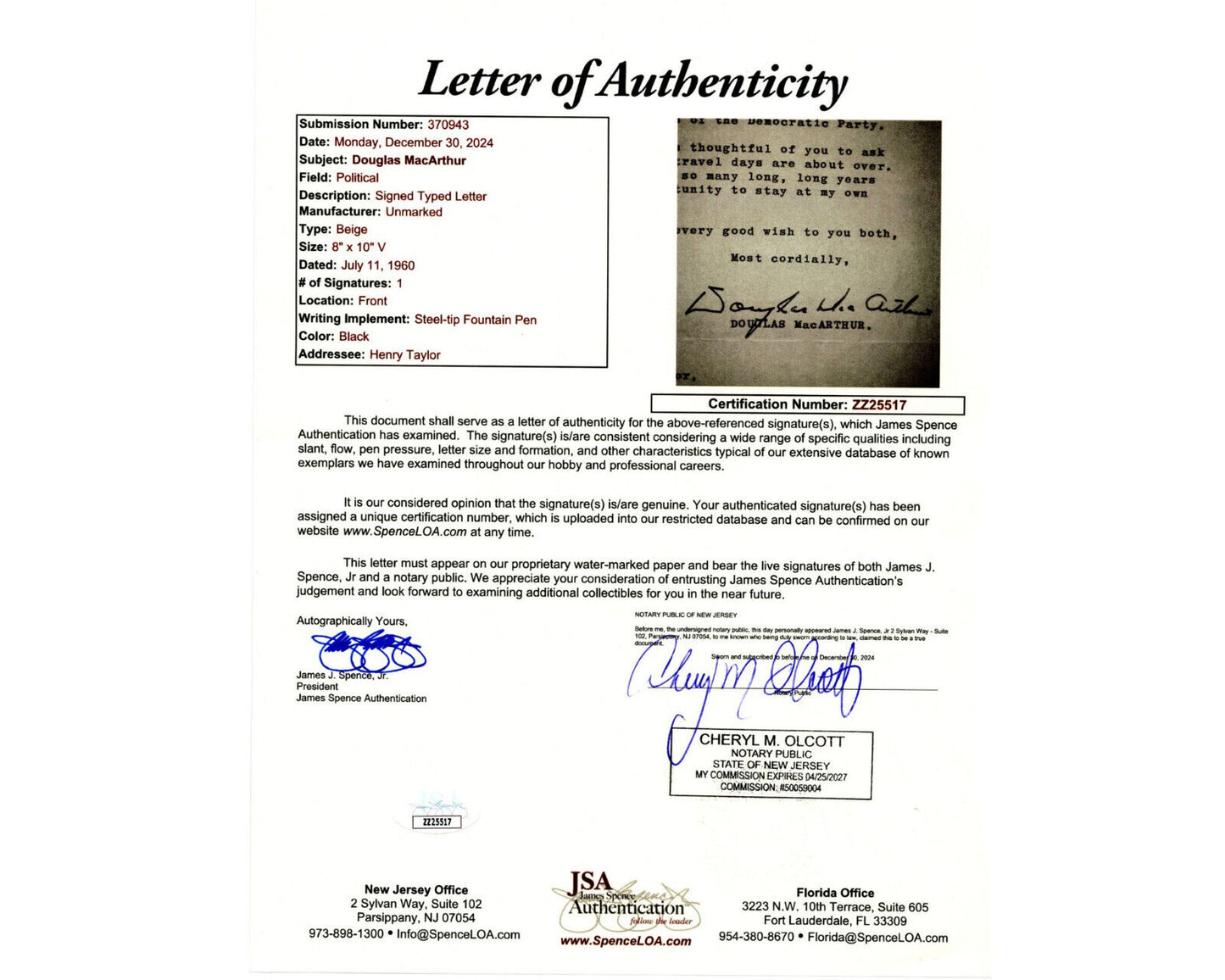 General Douglas MacArthur Signed Letter On T. Jefferson's "Innate Greatness" JSA