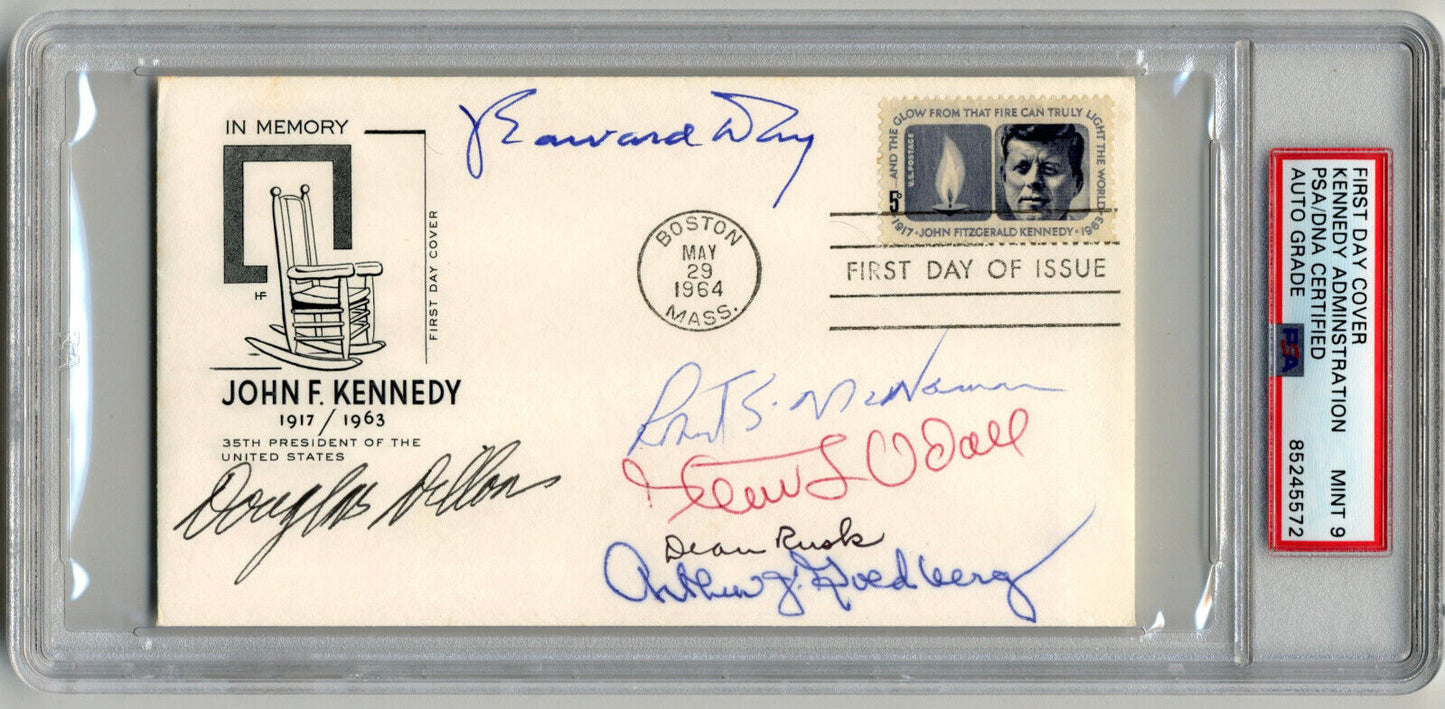 JFK Admin. Signed Kennedy FDC. PSA Mint 9 McNamara, Rusk, Goldberg, Day, 6 Sigs!
