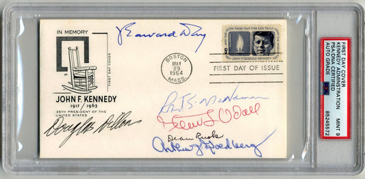 JFK Admin. Signed Kennedy FDC. PSA Mint 9 McNamara, Rusk, Goldberg, Day, 6 Sigs!