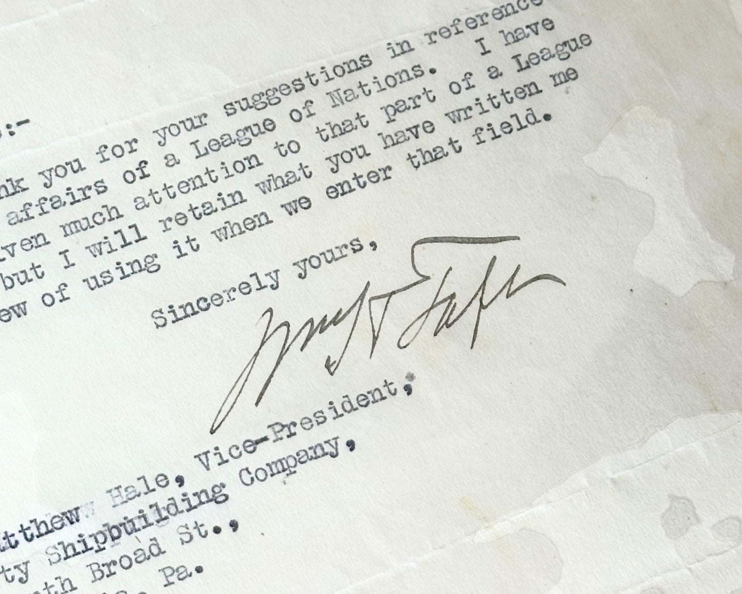 President William H. Taft Signed Letter on "affairs of a League of Nations" PSA