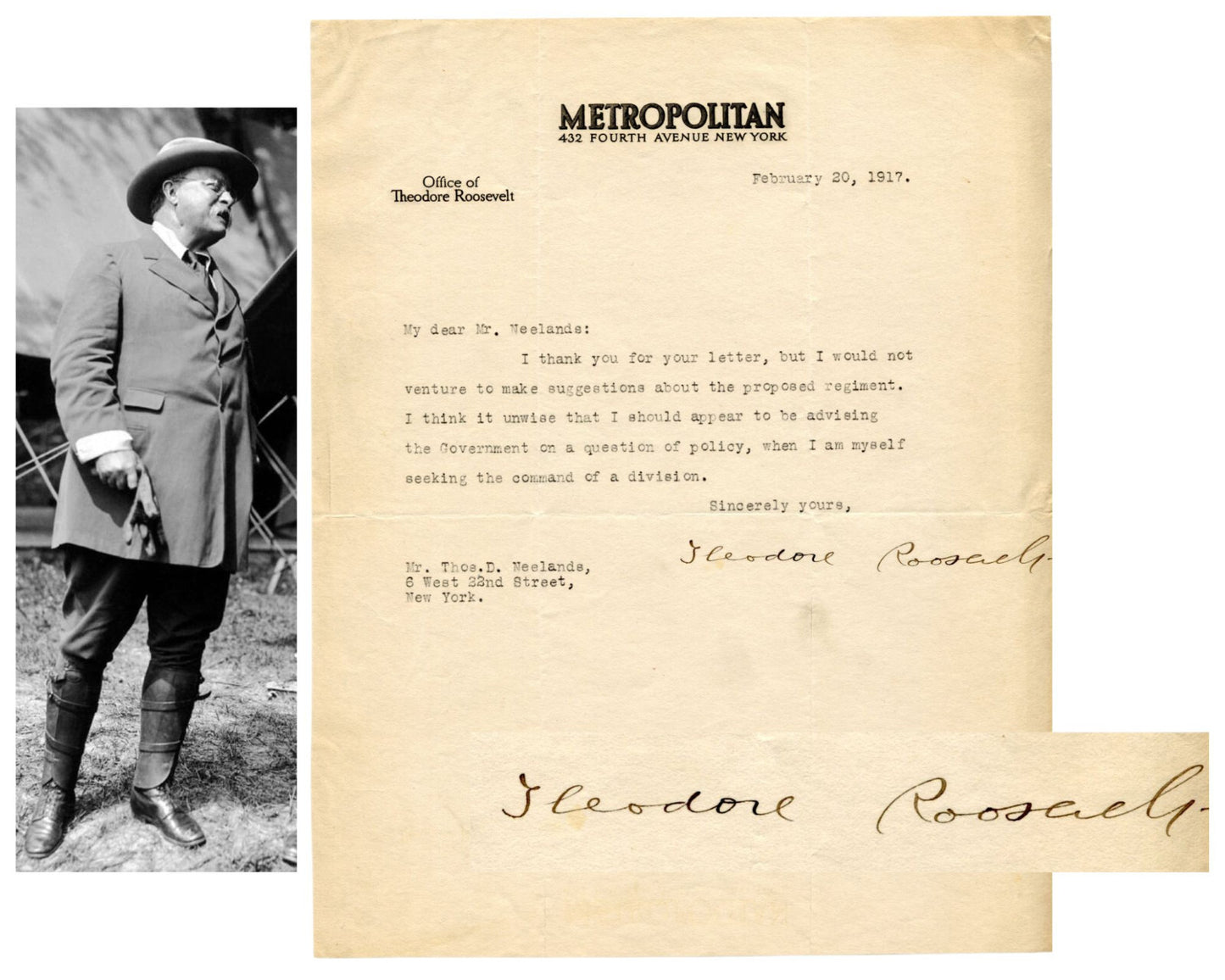 President Theodore Roosevelt Seeks to Re-Enter Combat PSA Historic Signed Letter