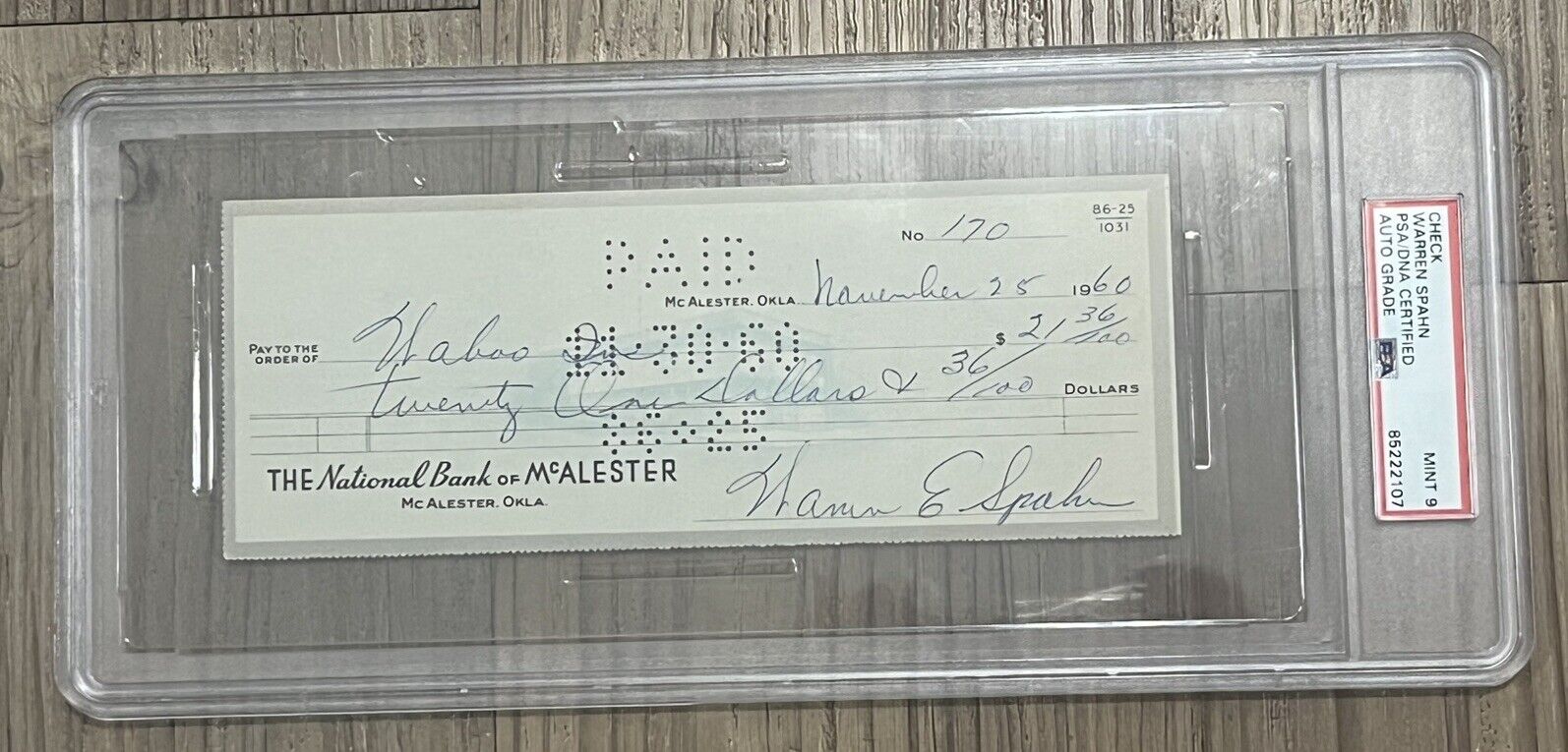 Warren Spahn Signed Auto Autograph Check PSA Mint 9 Authentic HOF BRAVES