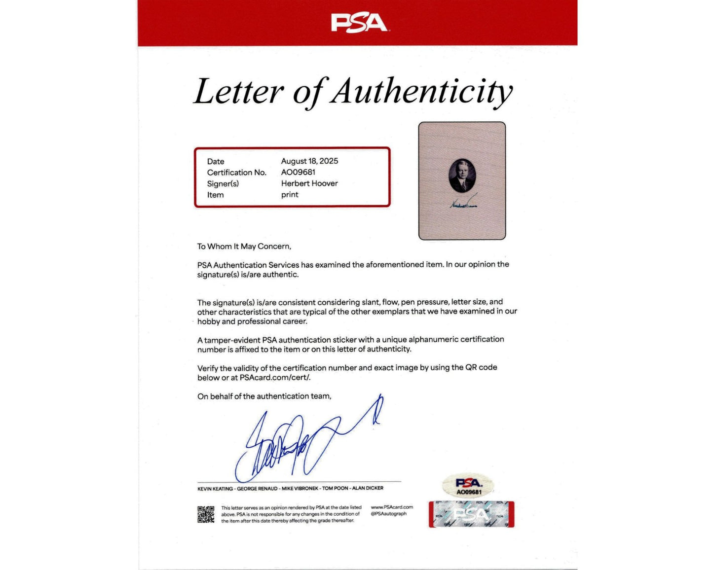 President Herbert Hoover Signed Engraving with Presidential Portrait - PSA Auto